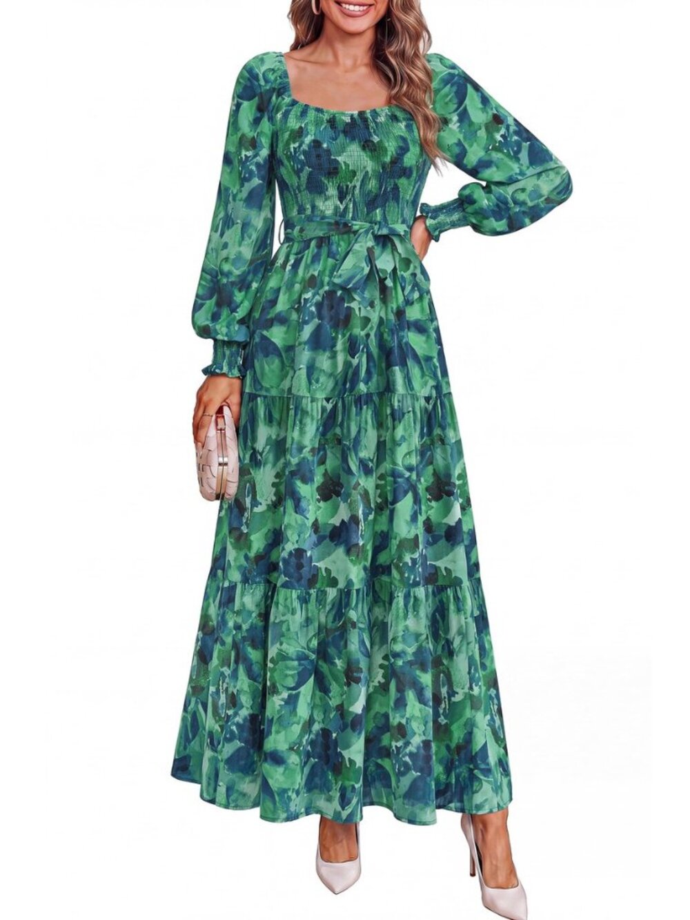 Women Fall Long Sleeve Boho Floral Maxi Dress
